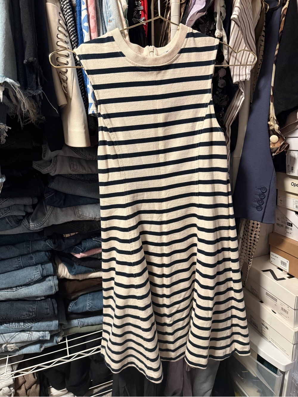 Sleeveless Striped A-Line Dress in Cream and Navy